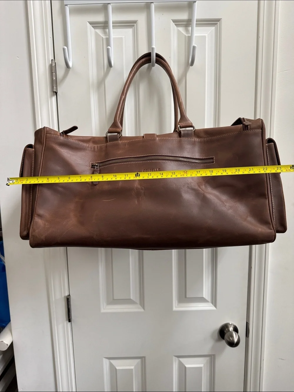 Classic Brown Distressed Leather Duffel Bag with Front Buckle Pocket, no strap